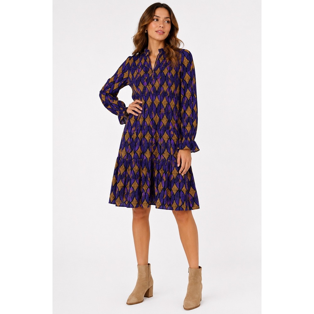 Melloday Mini Dress Womens Large Purple Geometric Smocked Tiered Boho Mod Skater